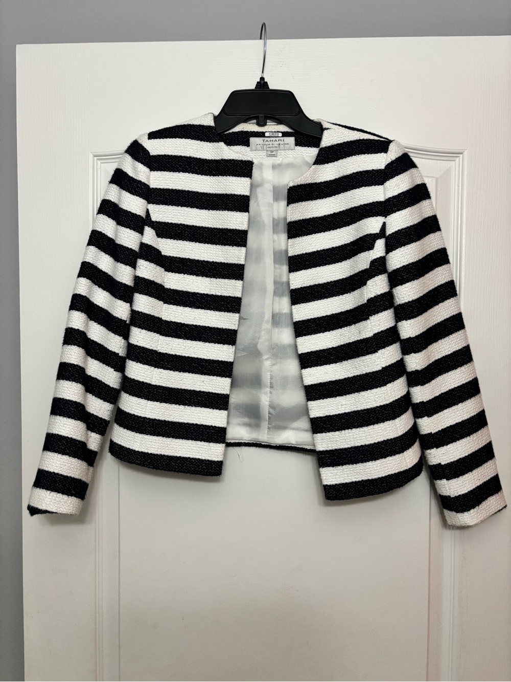 Tahari Navy Blue & White Striped Open-Front Cropped Jacket
